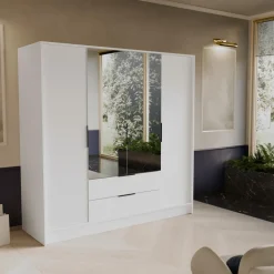 Szafy Do Przedpokoju|Szafy Do Salonu></noscript>Arton Czterodrzwiowa biała szafa uchylna 200 cm z półkami NUBIA