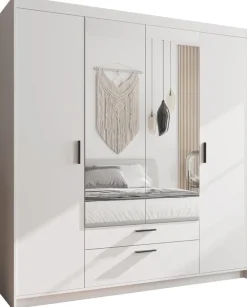 Garderoby|Meble Młodzieżowe>Lempert Czterodrzwiowa biała szafa modułowa 176 cm z lustrem i szufladami KUBA biały