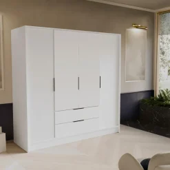 Zestawy Mebli Do Przedpokoju|Szafy Do Przedpokoju></noscript>Arton Czterodrzwiowa biała szafa uchylna 200 cm z półkami NUBIA