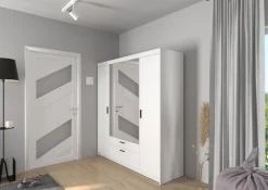 Zestawy Mebli Do Przedpokoju|Szafy Modułowe></noscript>Lempert Czterodrzwiowa biała szafa modułowa 176 cm z lustrem i szufladami KUBA biały