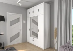 Zestawy Mebli Do Przedpokoju|Szafy Modułowe></noscript>Lempert Czterodrzwiowa biała szafa modułowa 176 cm z lustrem i szufladami KUBA biały