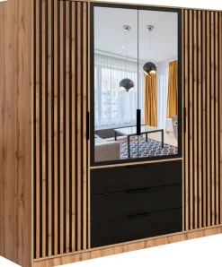Meble Młodzieżowe|Zestawy Mebli Do Przedpokoju>Stolar Czterodrzwiowa szafa uchylna z lustrem i lamelami 200 cm BILL