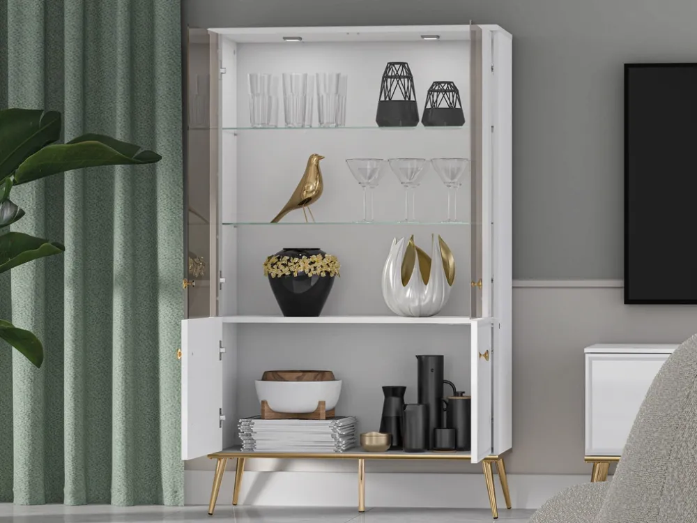 Zestawy Mebli Do Salonu|Witryny>ML Meble Czterodrzwiowa witryna do salonu GOLDIN biały połysk