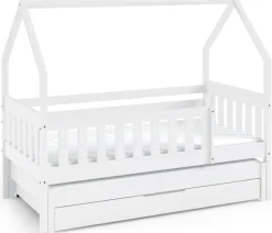 Meble Dla Dzieci|Łóżka Dziecięce>Meblomal Drewniane białe łóżko domek do pokoju dziecięcego 80x160 cm z barierką MELANIA biały