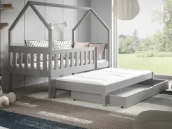 Łóżka Dziecięce|Łóżka Ze Stelażem></noscript>Meblomal Drewniane rozsuwane łóżko domek do pokoju dziecięcego 80x160 cm z barierką MELANIA szary