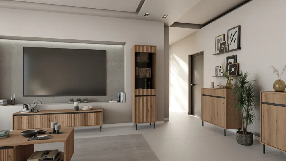 Zestawy Mebli Do Salonu|Szafki Rtv>Lempert Drewnopodobna szafka RTV pod telewizor 178 cm z szufladami OMEGA dąb evoke