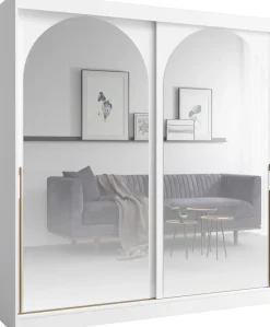 Meble Młodzieżowe|Zestawy Mebli Do Przedpokoju>JUREK Duża biała szafa 200cm do sypialni salonu z dwoma lustrami drzwi przesuwne złote uchwyty biały