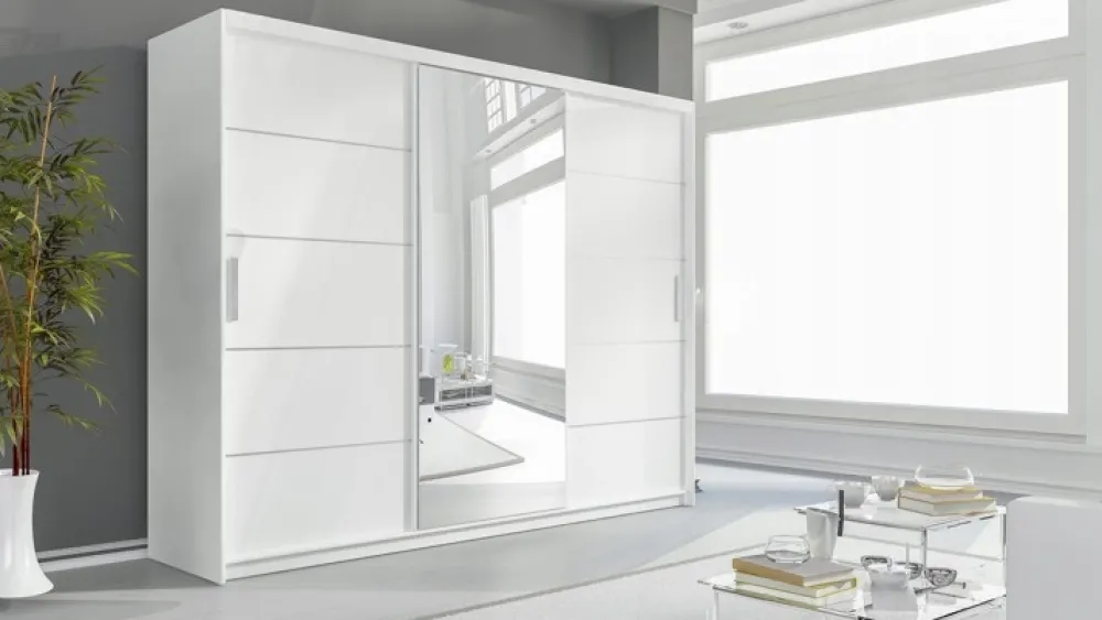 Szafy Trzydrzwiowe|Szafy Do Przedpokoju>Meblohand Duża biała szafa przesuwna z lustrem i szufladami PORTO biały