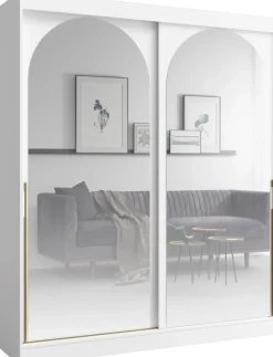 Meble Młodzieżowe|Zestawy Mebli Do Przedpokoju>JUREK Duża biała szafa przesuwna z dwoma lustrami 180 cm drzwi przesuwne złote uchwyty biały