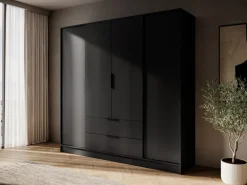 Meble Młodzieżowe|Zestawy Mebli Do Przedpokoju></noscript>PIASKI Duża czarna szafa uchylna z półkami i drążkiem 206 cm KAMIS czarny