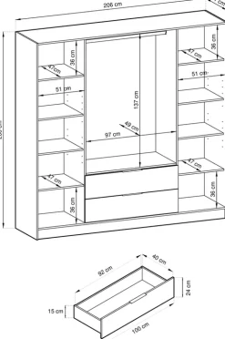 Meble Młodzieżowe|Zestawy Mebli Do Przedpokoju></noscript>PIASKI Duża czarna szafa uchylna z półkami i drążkiem 206 cm KAMIS czarny