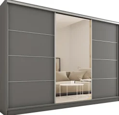 Zestawy Mebli Do Przedpokoju|Szafy Trzydrzwiowe>BROMARKT Duża owa szafa przesuwna z lustrem do sypialni 280 cm TOP grafit