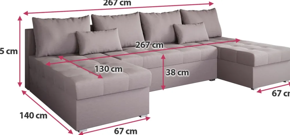 Narożniki>BROMARKT Duża kanapa narożna z funkcją spania HOT U SLIM rozkładana różowa