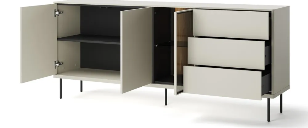 Zestawy Mebli Do Salonu|Komody>lenart. Duża komoda na nóżkach z witryną do salonu 194 cm EPIRO z oświetleniem kaszmir