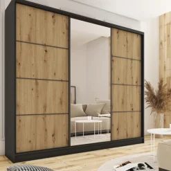 Zestawy Mebli Do Przedpokoju|Szafy Trzydrzwiowe></noscript>BROMARKT Duża loftowa szafa przesuwna z lustrem 250 cm LOFT MAX