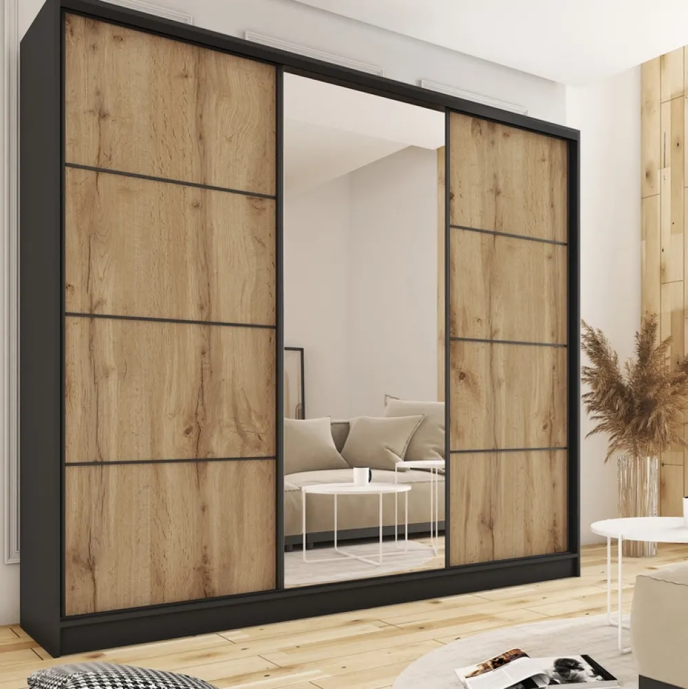 Zestawy Mebli Do Przedpokoju|Szafy Trzydrzwiowe>BROMARKT Duża loftowa szafa przesuwna z lustrem 280 cm LOFT MAX