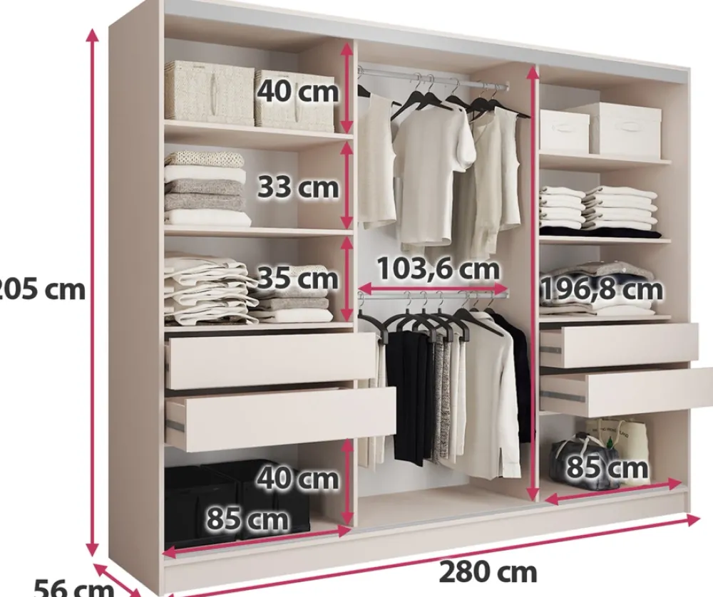 Szafy Trzydrzwiowe|Szafy Do Przedpokoju>BROMARKT Duża nowoczesna szafa przesuwna do sypialni 280 cm TOP beż beż piaskowy