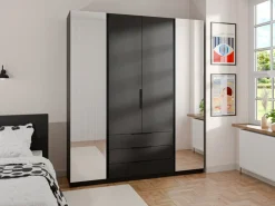Szafy Młodzieżowe|Szafy Otwierane></noscript>Lempert Duża szafa do sypialni z lustrem i półkami 200 cm KARAT czarny
