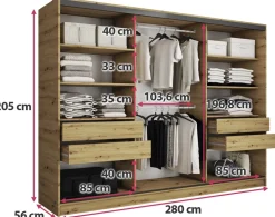 Zestawy Mebli Do Przedpokoju|Szafy Trzydrzwiowe></noscript>BROMARKT Duża szafa na ubrania 280 cm LOFT dąb artisan