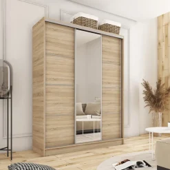 Zestawy Mebli Do Przedpokoju|Szafy Trzydrzwiowe></noscript>BROMARKT Duża szafa przesuwna 180 cm z lustrem TOP dąb sonoma