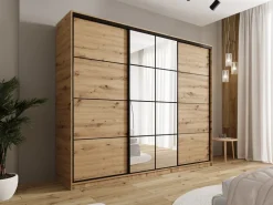 Szafy Trzydrzwiowe|Szafy Do Przedpokoju></noscript>BROMARKT Duża szafa przesuwna 250 cm z lustrem i drążkami na wieszaki EDGE dąb artisan