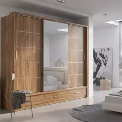 Zestawy Mebli Do Sypialni|Zestawy Mebli Do Przedpokoju></noscript>lenart. Duża szafa przesuwna z lustrem 250 cm szuflady półki ARTI dąb stirling