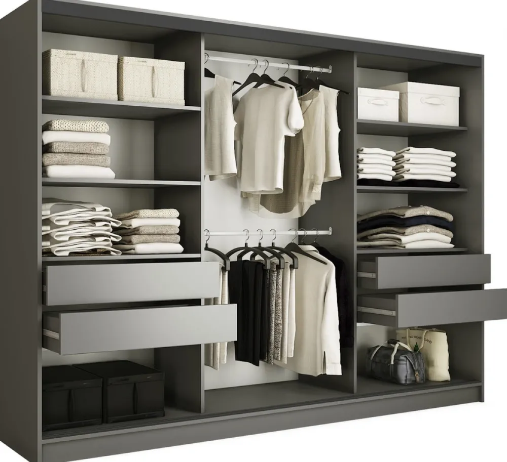 Zestawy Mebli Do Przedpokoju|Szafy Trzydrzwiowe>BROMARKT Duża szafa przesuwna z lustrem i szufladami 280 cm LOFT grafit