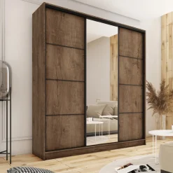 Zestawy Mebli Do Przedpokoju|Szafy Trzydrzwiowe></noscript>BROMARKT Duża szafa przesuwna z lustrem 200 cm LOFT MAX dąb lefkas