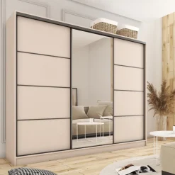 Zestawy Mebli Do Przedpokoju|Szafy Trzydrzwiowe></noscript>BROMARKT Duża szafa przesuwna z lustrem do sypialni 280 cm LOFT beż piaskowy