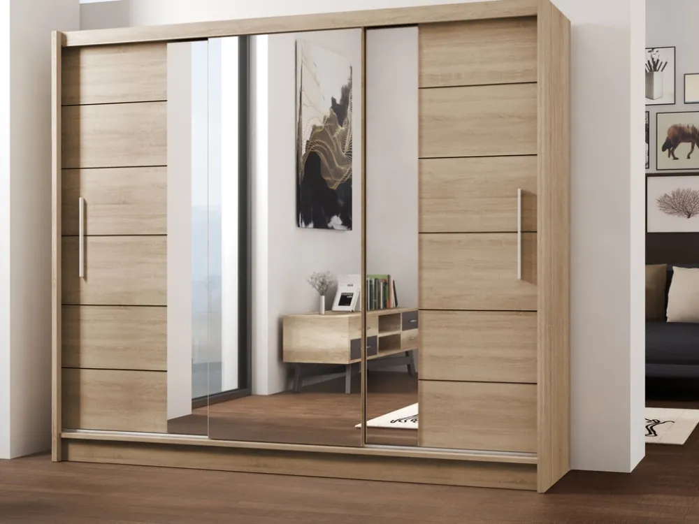 Szafy Trzydrzwiowe|Szafy Z Lustrem>Stolar Duża szafa przesuwna z lustrem 250 cm do sypialni LARYS dąb sonoma