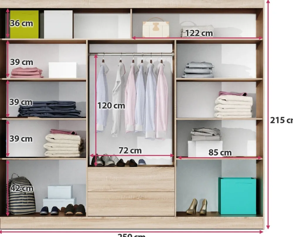 Szafy Trzydrzwiowe|Szafy Z Lustrem>Stolar Duża szafa przesuwna z lustrem 250 cm do sypialni LARYS dąb sonoma