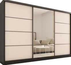 Szafy Trzydrzwiowe|Szafy Do Przedpokoju>BROMARKT Duża szafa przesuwna z lustrem do sypialni 280 cm beż piaskowy LOFT