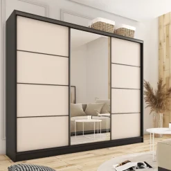 Szafy Trzydrzwiowe|Szafy Do Przedpokoju></noscript>BROMARKT Duża szafa przesuwna z lustrem do sypialni 280 cm beż piaskowy LOFT
