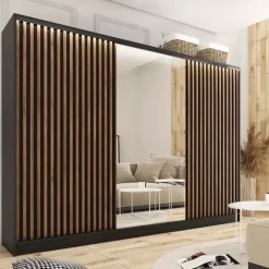 Zestawy Mebli Do Przedpokoju|Szafy Trzydrzwiowe></noscript>BROMARKT Duża szafa przesuwna z lustrem i lamelami LOFT 280 cm