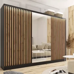 Zestawy Mebli Do Przedpokoju|Szafy Trzydrzwiowe></noscript>BROMARKT Duża szafa przesuwna z lustrem i lamelami na drzwiach LOFT 280 cm
