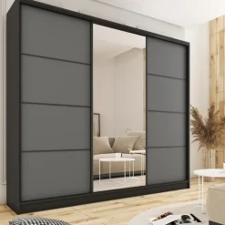 Szafy Trzydrzwiowe|Szafy Do Przedpokoju></noscript>BROMARKT Duża szafa przesuwna z lustrem 280 cm LOFT MAX grafit