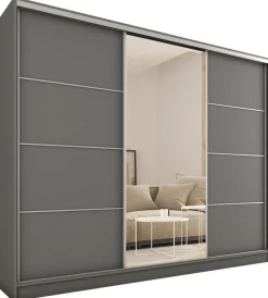 Szafy Do Przedpokoju|Szafy Do Salonu>BROMARKT Duża szafa przesuwna z lustrem do sypialni 250 cm TOP grafit