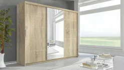 Zestawy Mebli Do Przedpokoju|Szafy Trzydrzwiowe></noscript>Meblohand Duża szafa przesuwna z lustrem i szufladami PORTO dąb sonoma