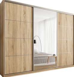 Zestawy Mebli Do Przedpokoju|Szafy Trzydrzwiowe>BROMARKT Duża szafa przesuwna z lustrem do sypialni 280 cm TOP MAX dąb sonoma