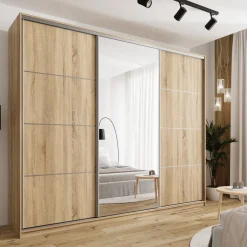 Zestawy Mebli Do Przedpokoju|Szafy Trzydrzwiowe></noscript>BROMARKT Duża szafa przesuwna z lustrem do sypialni 280 cm TOP MAX dąb sonoma