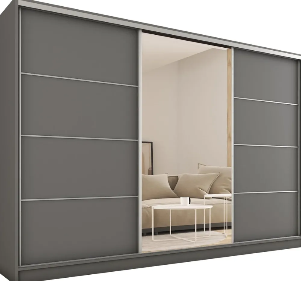 Zestawy Mebli Do Przedpokoju|Szafy Trzydrzwiowe>BROMARKT Duża szafa przesuwna z lustrem do sypialni 280 cm TOP MAX grafit