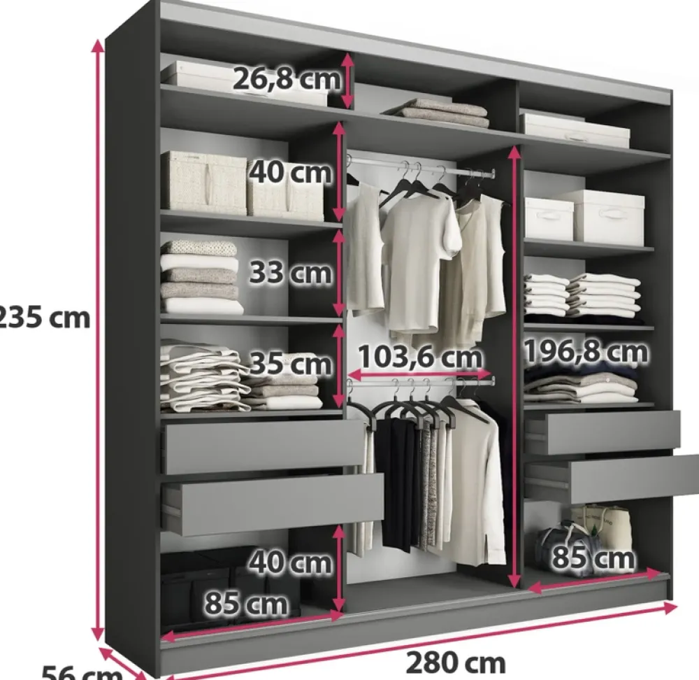 Zestawy Mebli Do Przedpokoju|Szafy Trzydrzwiowe>BROMARKT Duża szafa przesuwna z lustrem do sypialni 280 cm TOP MAX grafit