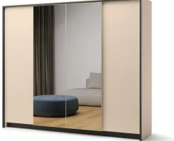 Zestawy Mebli Do Sypialni|Szafy Do Salonu></noscript>lenart. Duża szafa uchylna z lustrem 251 cm do sypialni 4 drzwi beżowa z oświetleniem ENNA