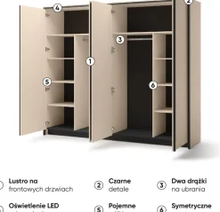 Zestawy Mebli Do Sypialni|Szafy Do Salonu></noscript>lenart. Duża szafa uchylna z lustrem 251 cm do sypialni 4 drzwi beżowa z oświetleniem ENNA