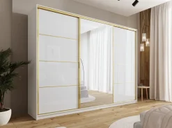 Zestawy Mebli Do Przedpokoju|Szafy Trzydrzwiowe></noscript>BROMARKT Duża szafa z lustrem 280 cm GOLD NEW biały połysk