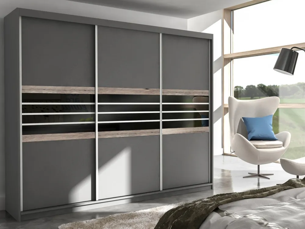 Szafy Przesuwne|Zestawy Mebli Do Przedpokoju>Stolar Duża trzydrzwiowa szafa przesuwna z szufladami 250 cm TRISS dąb craft