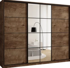 Zestawy Mebli Do Przedpokoju|Szafy Trzydrzwiowe>BROMARKT Duża trzydrzwiowa szafa przesuwna z lustrem 250 cm EDGE dąb lefkas