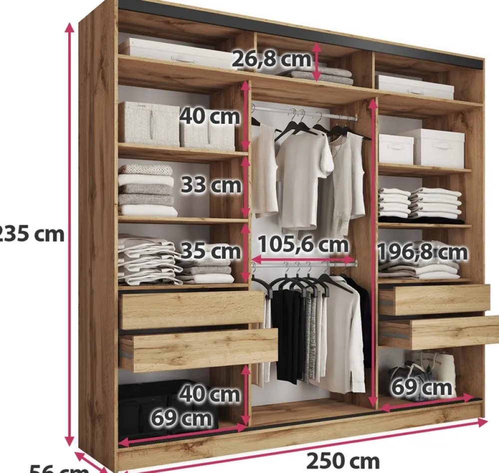 Zestawy Mebli Do Przedpokoju|Szafy Trzydrzwiowe>BROMARKT Duża trzydrzwiowa szafa przesuwna 250 cm LOFT MAX dąb wotan