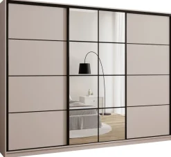 Zestawy Mebli Do Przedpokoju|Szafy Trzydrzwiowe>BROMARKT Duża trzydrzwiowa szafa przesuwna z lustrem 280 cm EDGE beż piaskowy