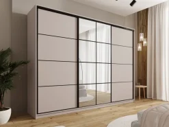 Zestawy Mebli Do Przedpokoju|Szafy Trzydrzwiowe></noscript>BROMARKT Duża trzydrzwiowa szafa przesuwna z lustrem 280 cm EDGE beż piaskowy